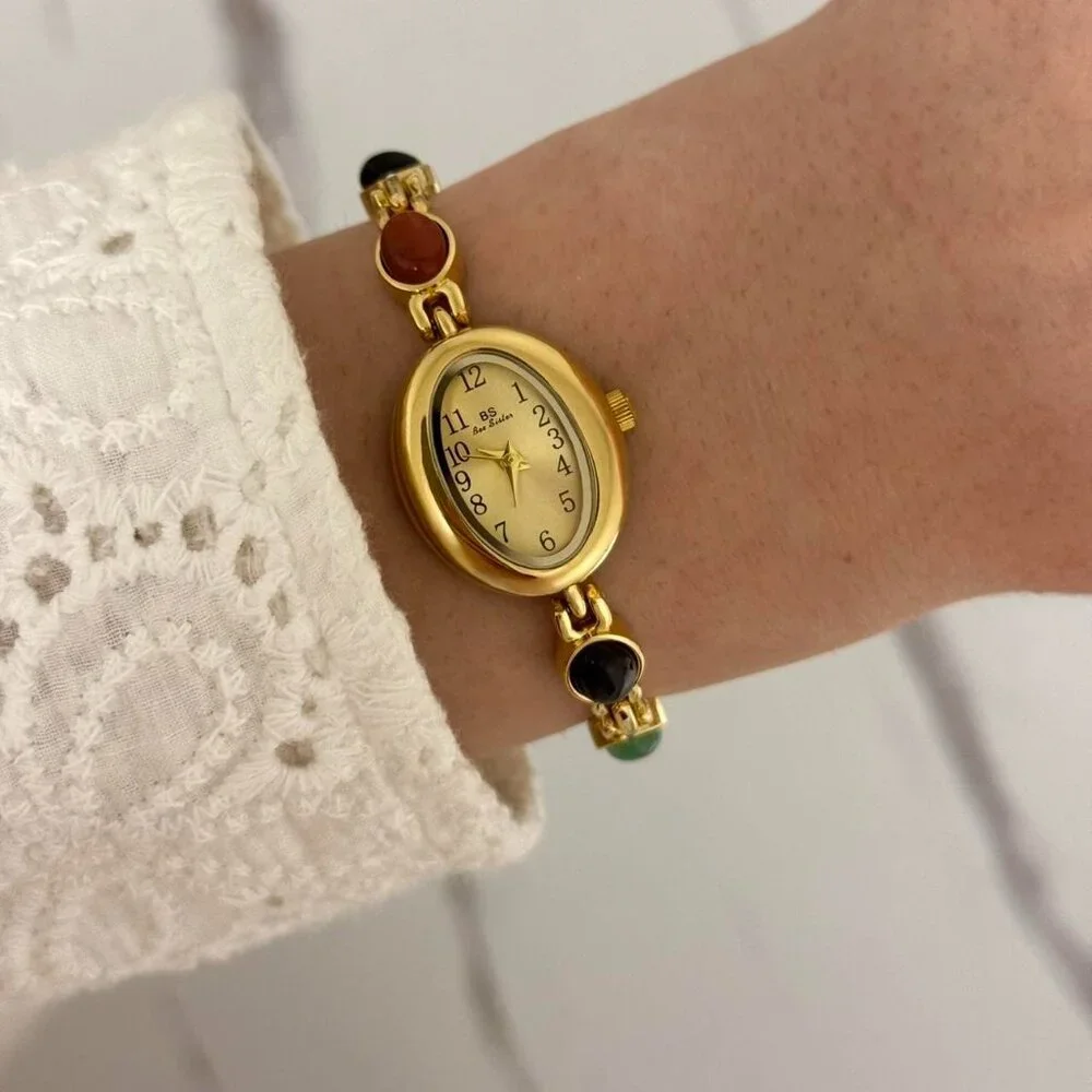 Sku:0463 gold mini‎ watch bracelet with multicoloured natural stones + gift bag